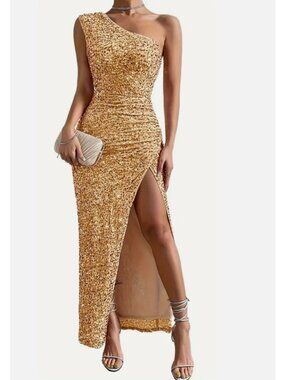 Gold Sequins One Shoulder Long Gown High Slit Bodycon Fitted Sexy Size XL Party